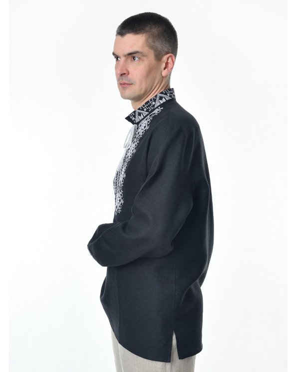 Рубашка льняная мужская, с вышивкой, черная