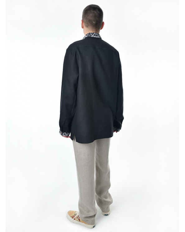 Рубашка льняная мужская, с вышивкой, черная