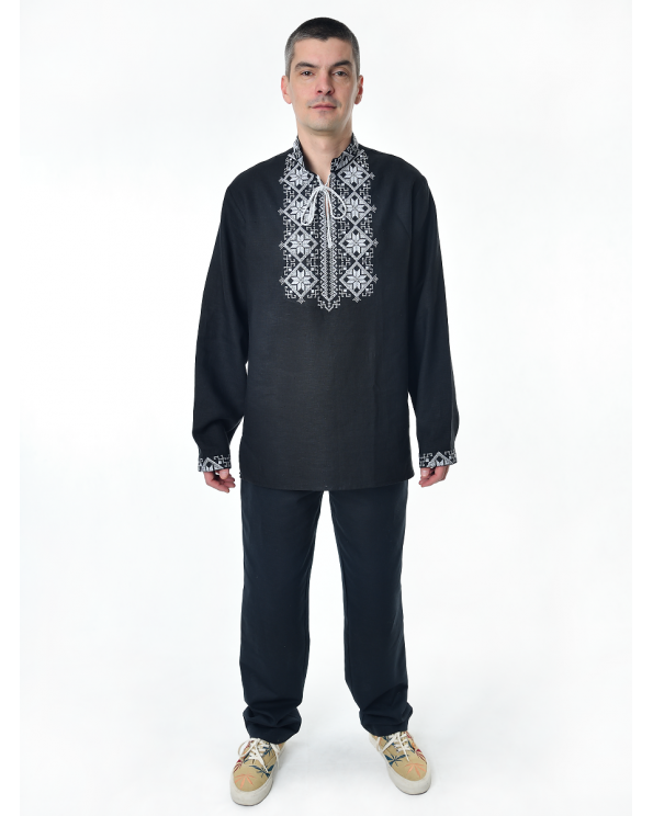 Рубашка льняная мужская, с вышивкой, черная