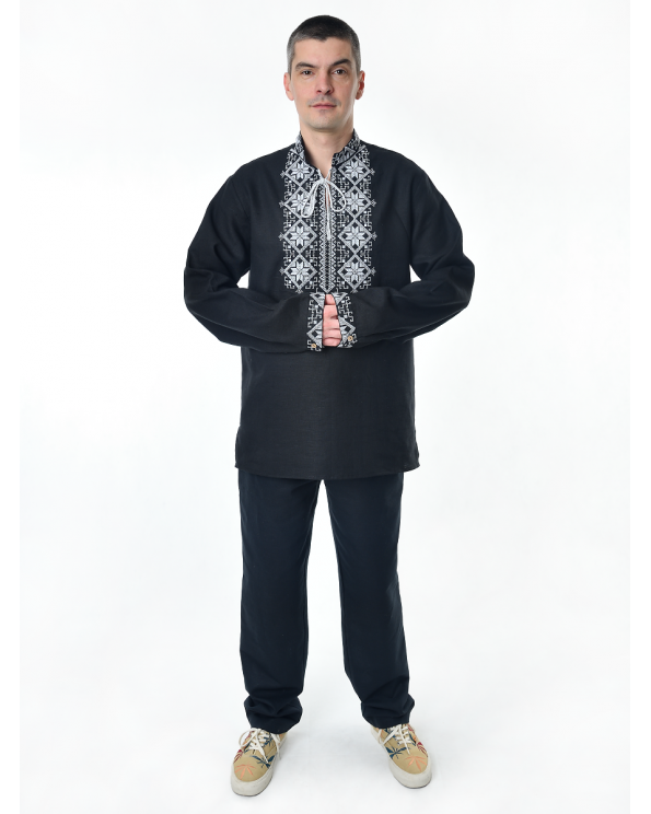 Рубашка льняная мужская, с вышивкой, черная