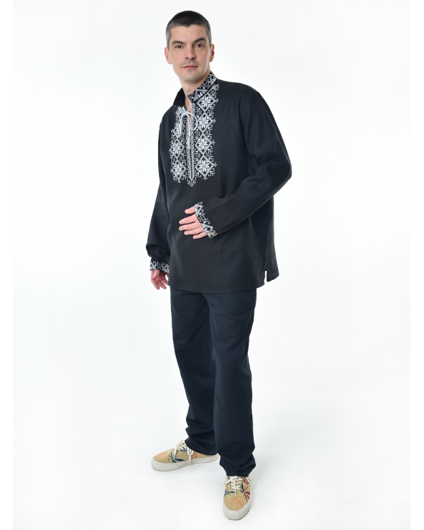 Рубашка льняная мужская, с вышивкой, черная