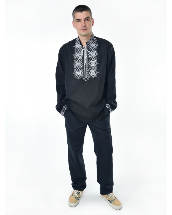 Рубашка льняная мужская, с вышивкой, черная