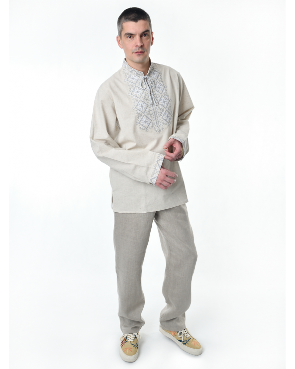 Рубашка льняная мужская, с вышивкой, светло-серая
