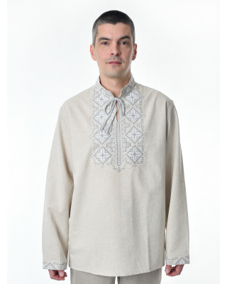 Рубашка льняная мужская, с вышивкой, светло-серая
