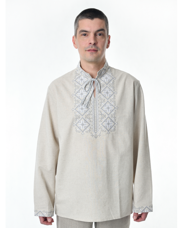 Рубашка льняная мужская, с вышивкой, светло-серая