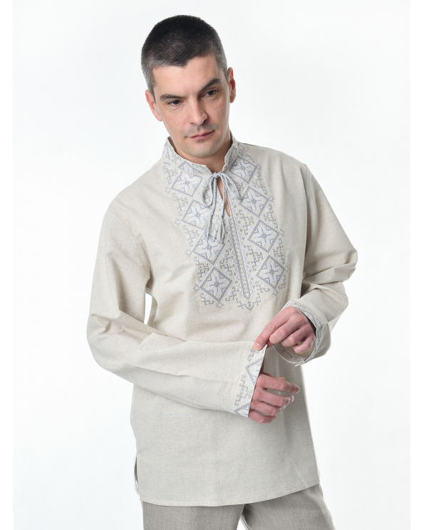 Рубашка льняная мужская, с вышивкой, светло-серая