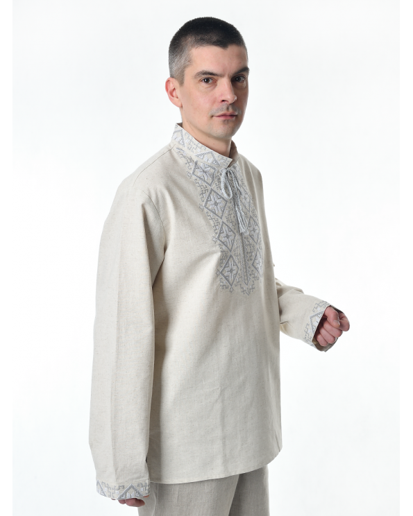 Рубашка льняная мужская, с вышивкой, светло-серая
