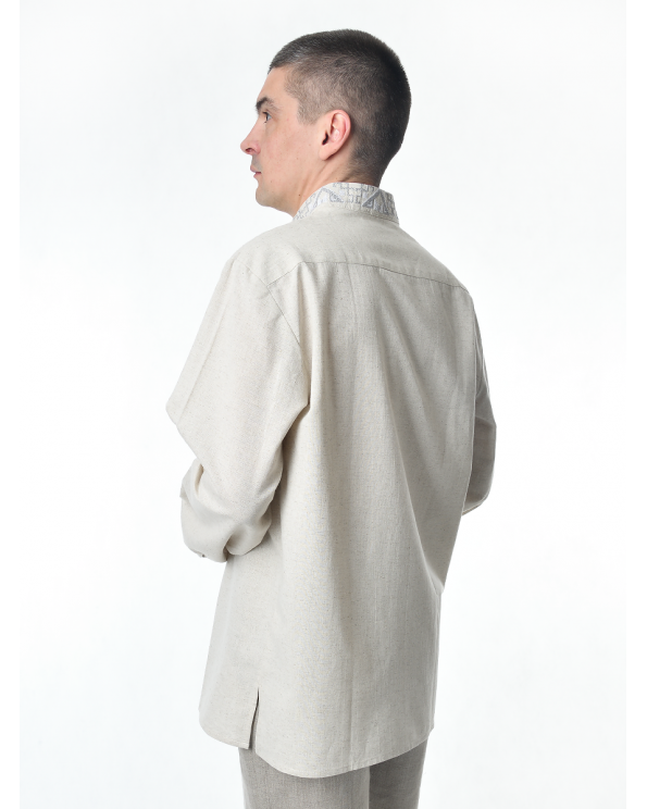 Рубашка льняная мужская, с вышивкой, светло-серая