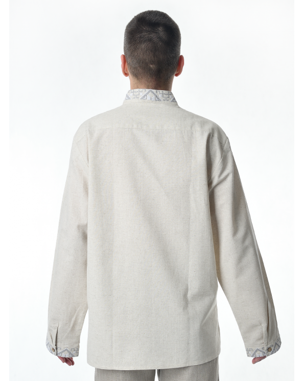 Рубашка льняная мужская, с вышивкой, светло-серая