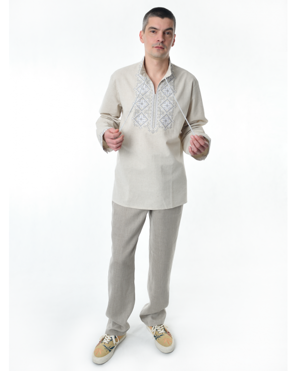 Рубашка льняная мужская, с вышивкой, светло-серая