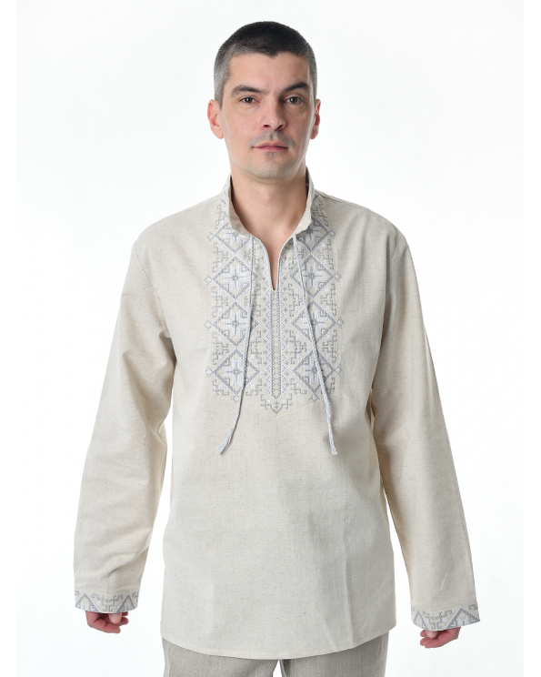 Рубашка льняная мужская, с вышивкой, светло-серая