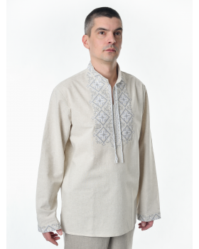 Рубашка льняная мужская, с вышивкой, светло-серая