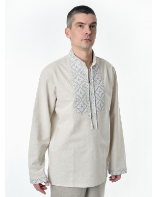 Рубашка льняная мужская, с вышивкой, светло-серая