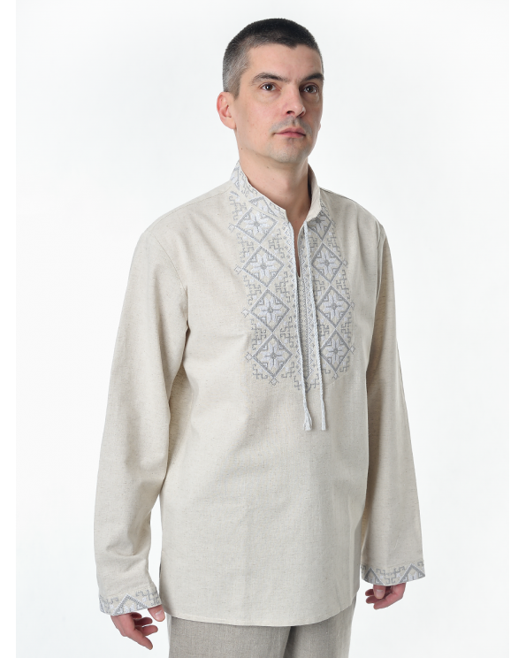 Рубашка льняная мужская, с вышивкой, светло-серая
