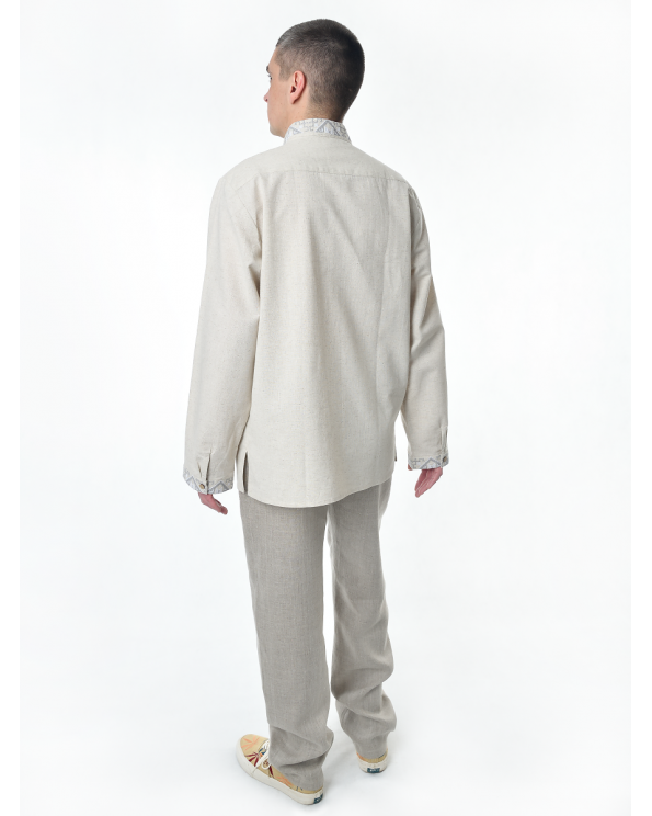 Рубашка льняная мужская, с вышивкой, светло-серая