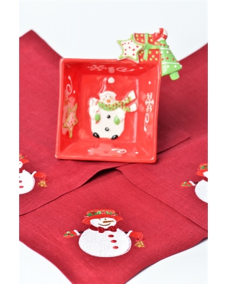 Салфетка из льна с вышивкой "Снеговик нарядный", цвет бордовый