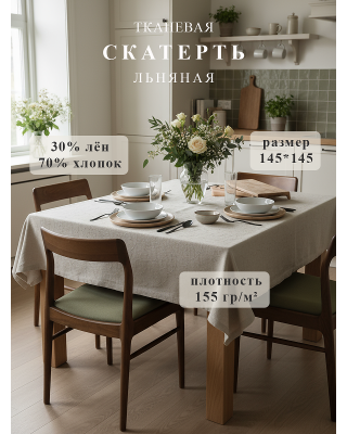 Скатерть "Поэма", льняная, 145*145 см, цвет светло-серый