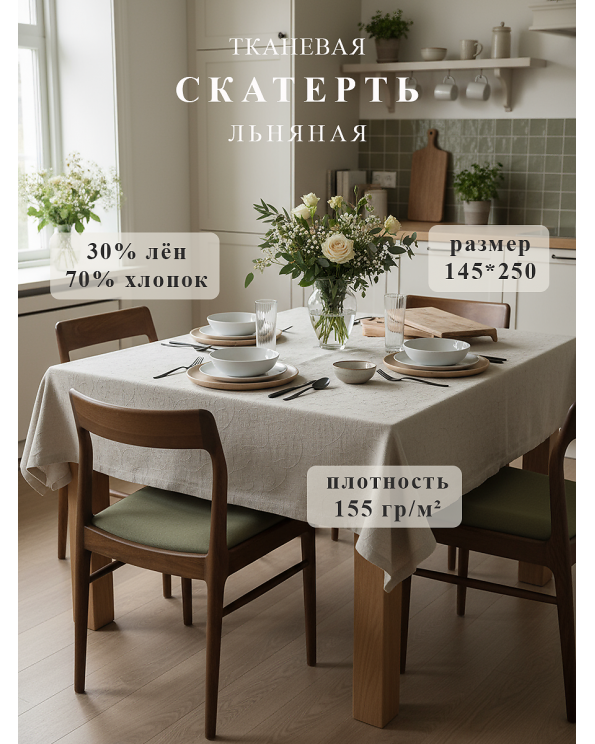 Скатерть "Поэма", льняная, 145*250 см, цвет светло-серый